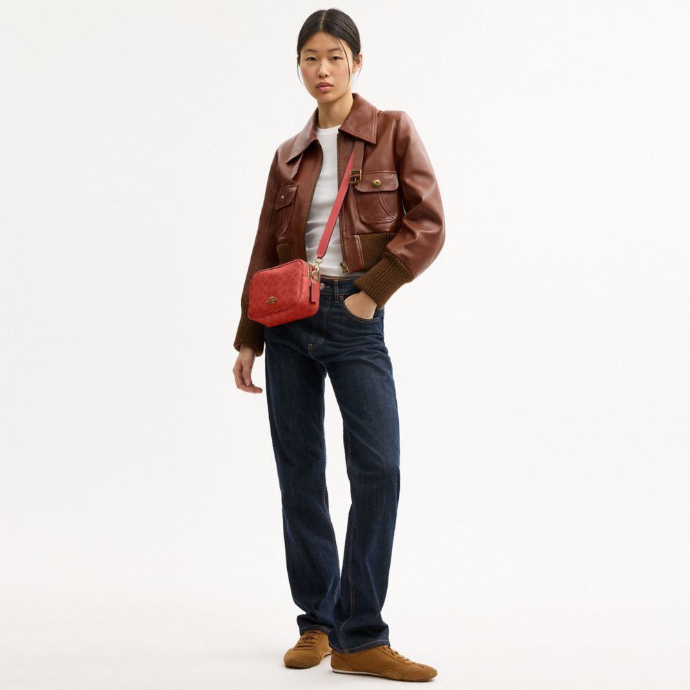 Coach Mini Carey Crossbody Bag In Signature Canvas Gold Crimson