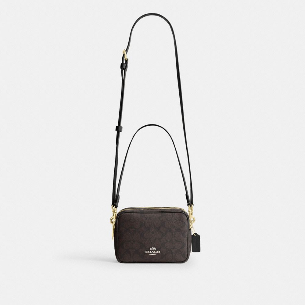 Coach Mini Carey Crossbody Bag In Signature Canvas Gold Walnut Black