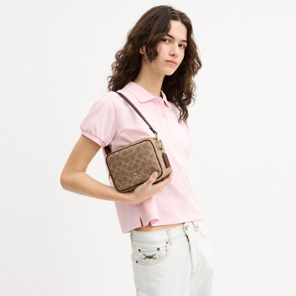 Coach Mini Carey Crossbody Bag In Signature Canvas Gold Tan Brown