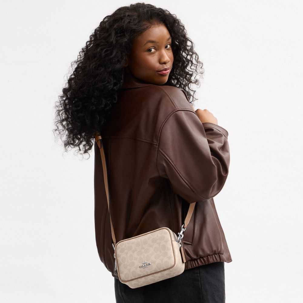 Coach Mini Carey Crossbody Bag In Signature Canvas Silver Sand Taupe