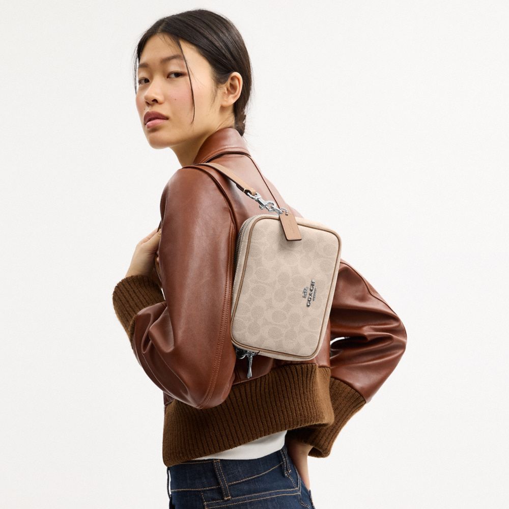 Coach Mini Carey Crossbody Bag In Signature Canvas Silver Sand Taupe