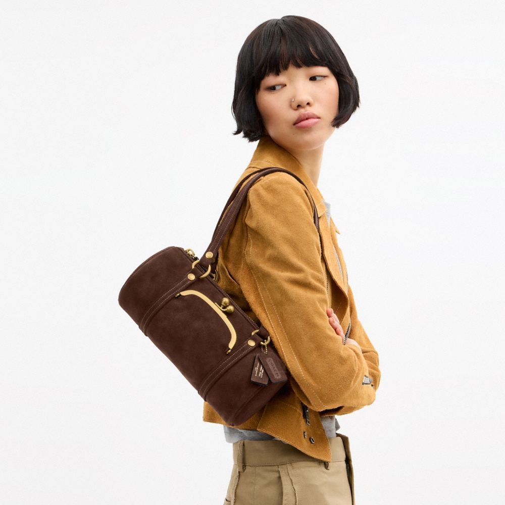 Coach Kisslock Barrel Bag 28 Brass Dark Chocolate