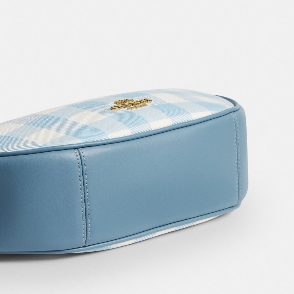 Coach Emily Shoulder Bag With Gingham Print And Charm Gold Blue Multi