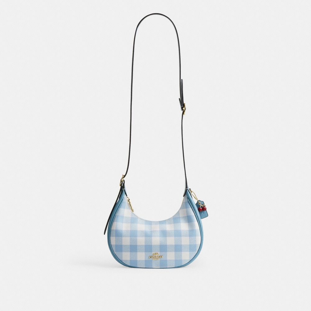 Coach Emily Shoulder Bag With Gingham Print And Charm Gold Blue Multi