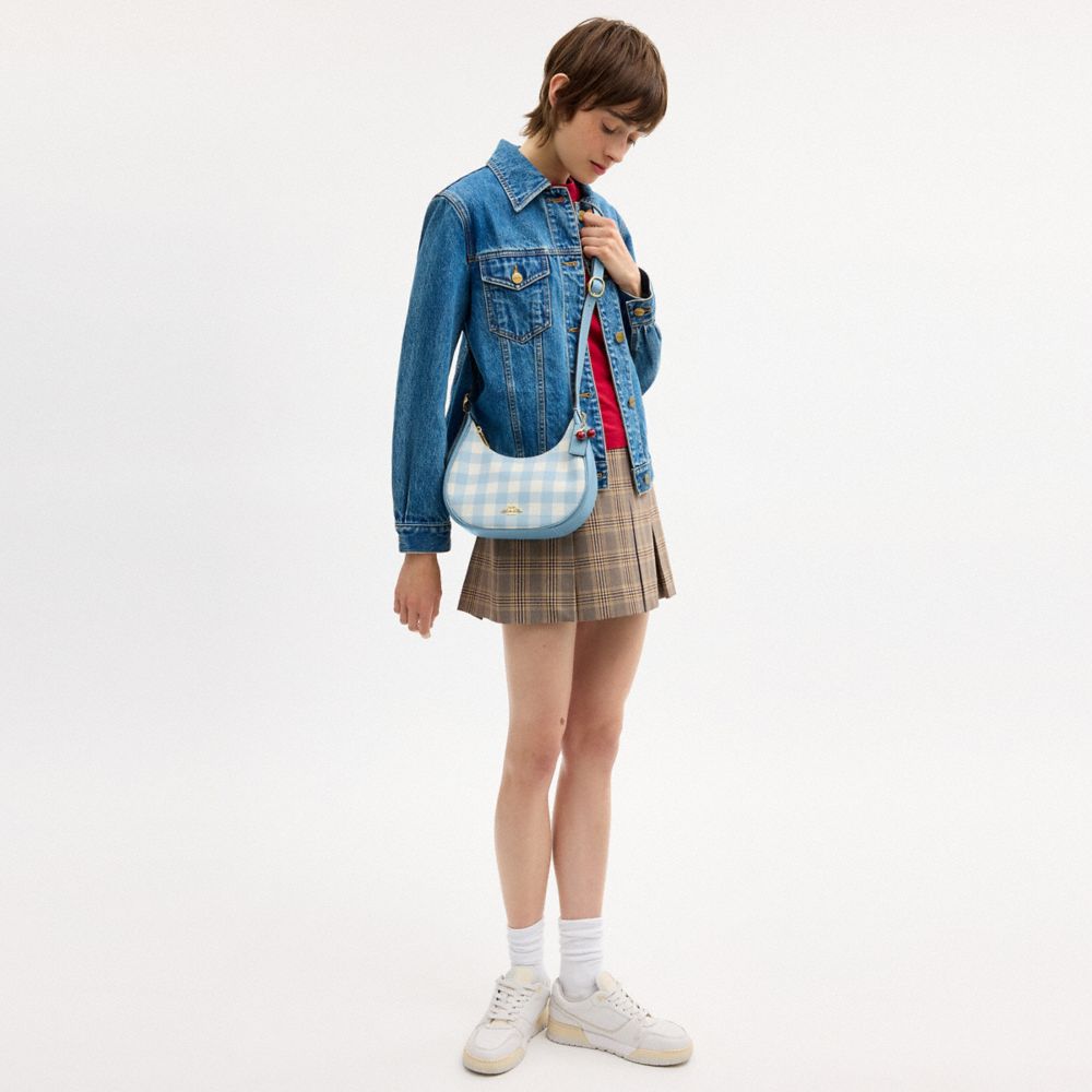 Coach Emily Shoulder Bag With Gingham Print And Charm Gold Blue Multi