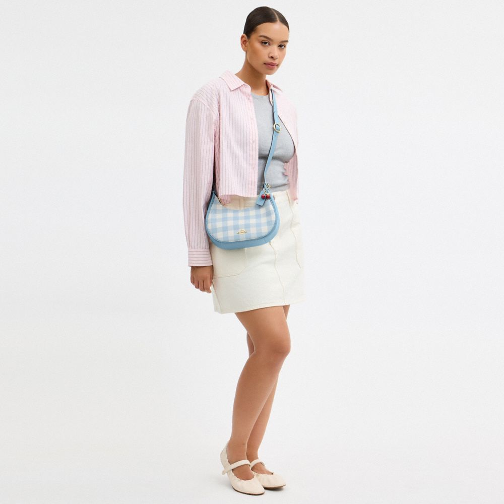 Coach Emily Shoulder Bag With Gingham Print And Charm Gold Blue Multi