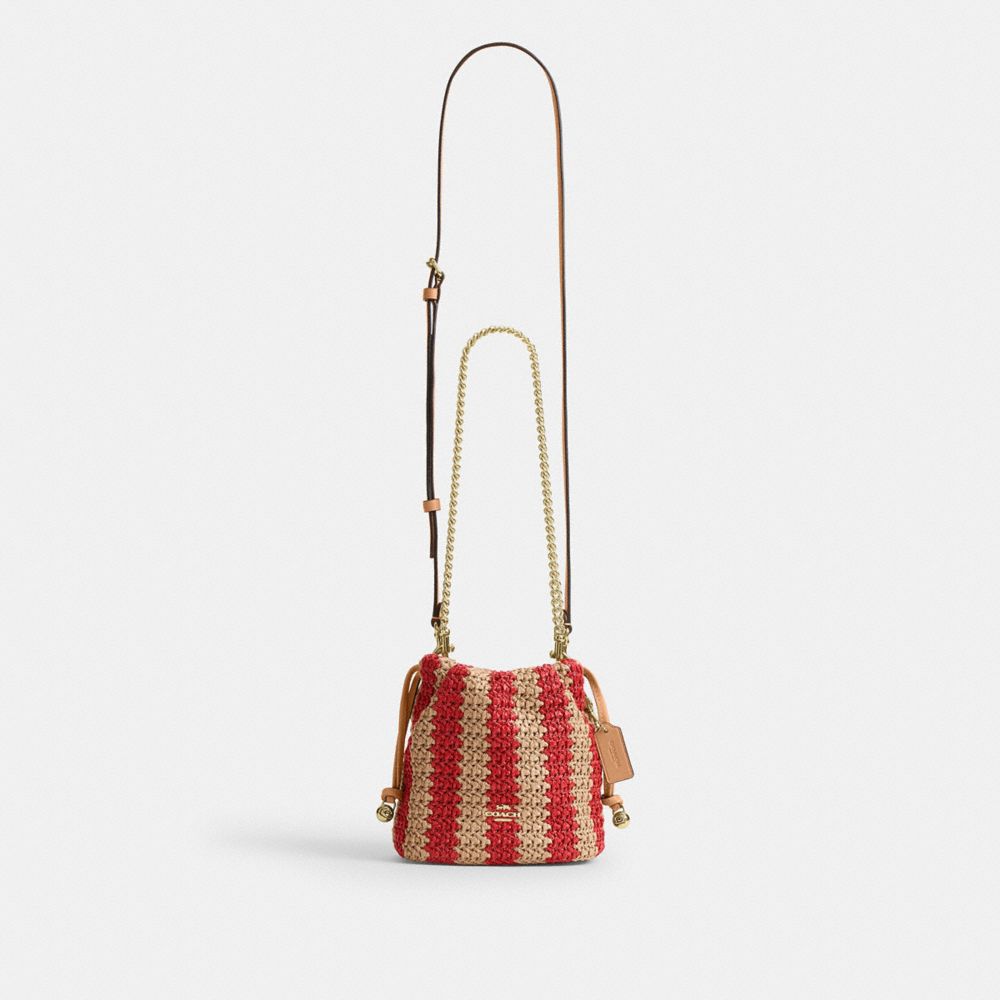 Coach Faye Mini Drawstring Bag With Stripes Gold Red Tan