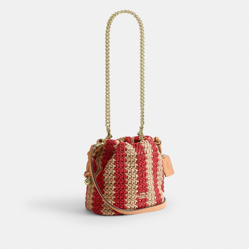 Coach Faye Mini Drawstring Bag With Stripes Gold Red Tan