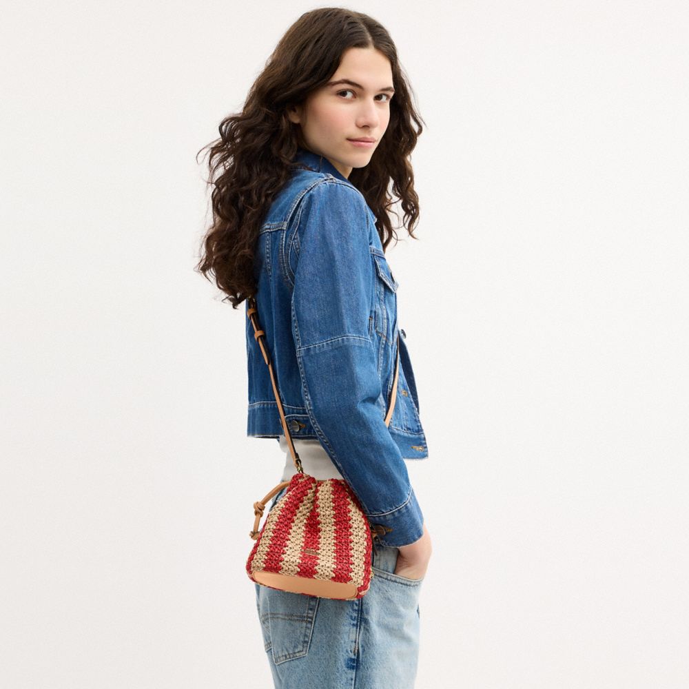 Coach Faye Mini Drawstring Bag With Stripes Gold Red Tan