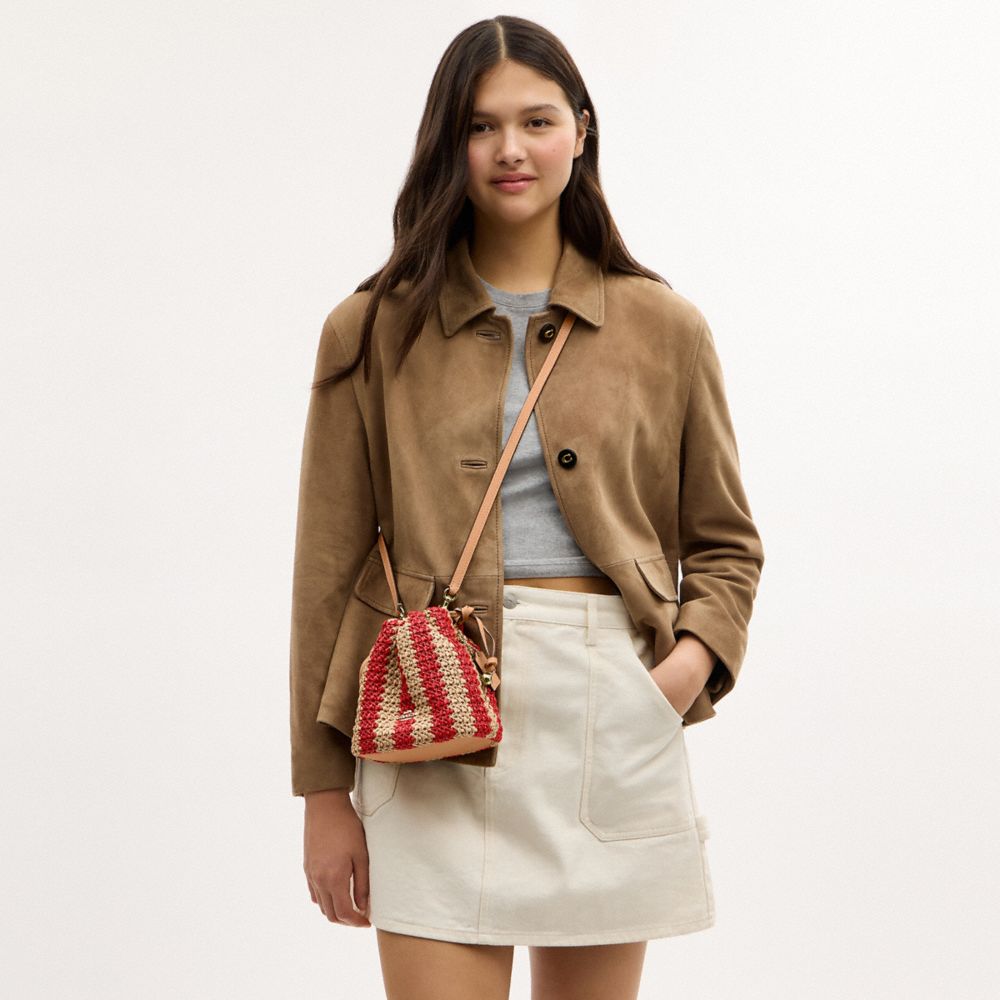 Coach Faye Mini Drawstring Bag With Stripes Gold Red Tan