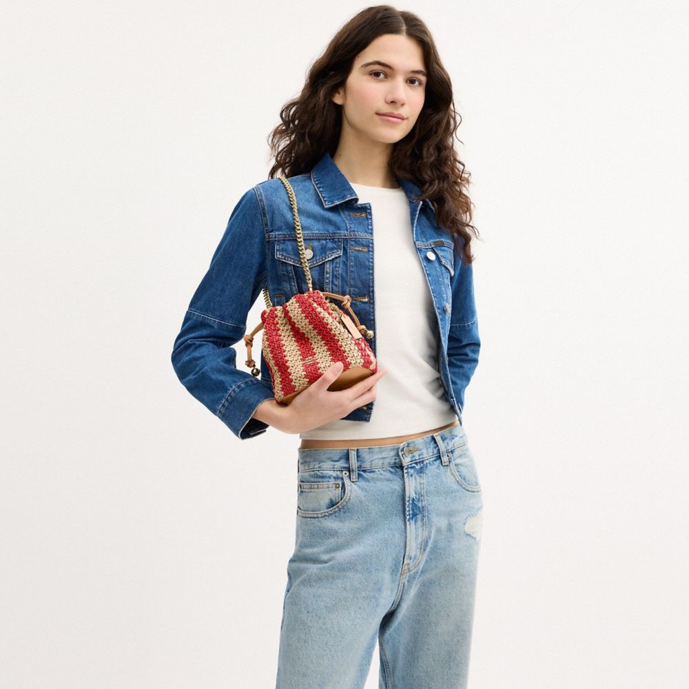 Coach Faye Mini Drawstring Bag With Stripes Gold Red Tan