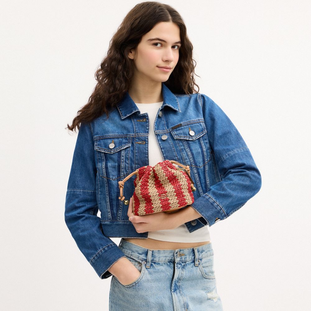 Coach Faye Mini Drawstring Bag With Stripes Gold Red Tan