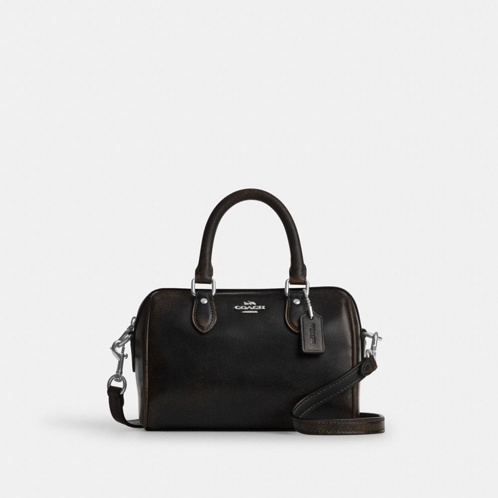 Coach Mini Rowan Crossbody Bag In Loved Leather Silver/Black Brown