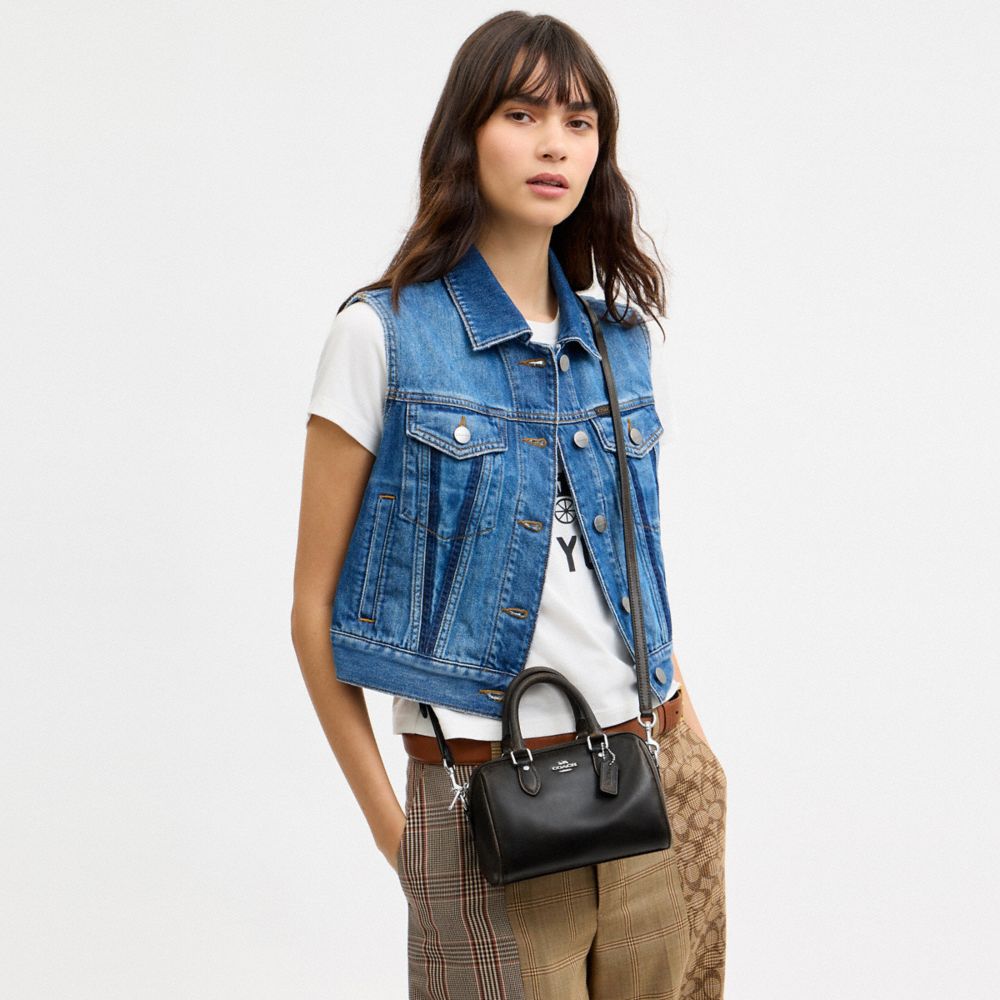 Coach Mini Rowan Crossbody Bag In Loved Leather Silver/Black Brown