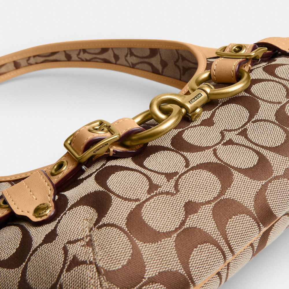 Coach Belted Ergo Shoulder Bag 26 In Signature Jacquard Brass/Khaki Light Peach