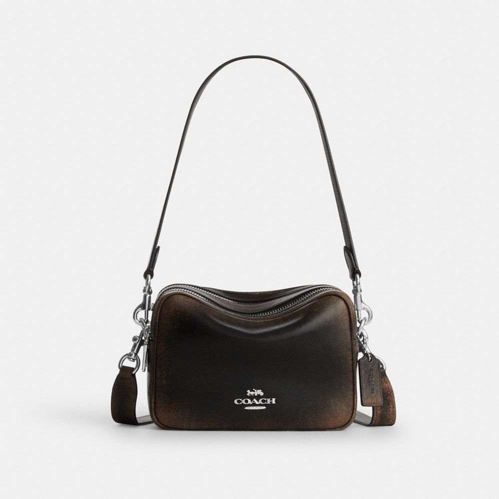 Coach Mini Carey Crossbody Bag In Loved Leather Silver/Black Brown