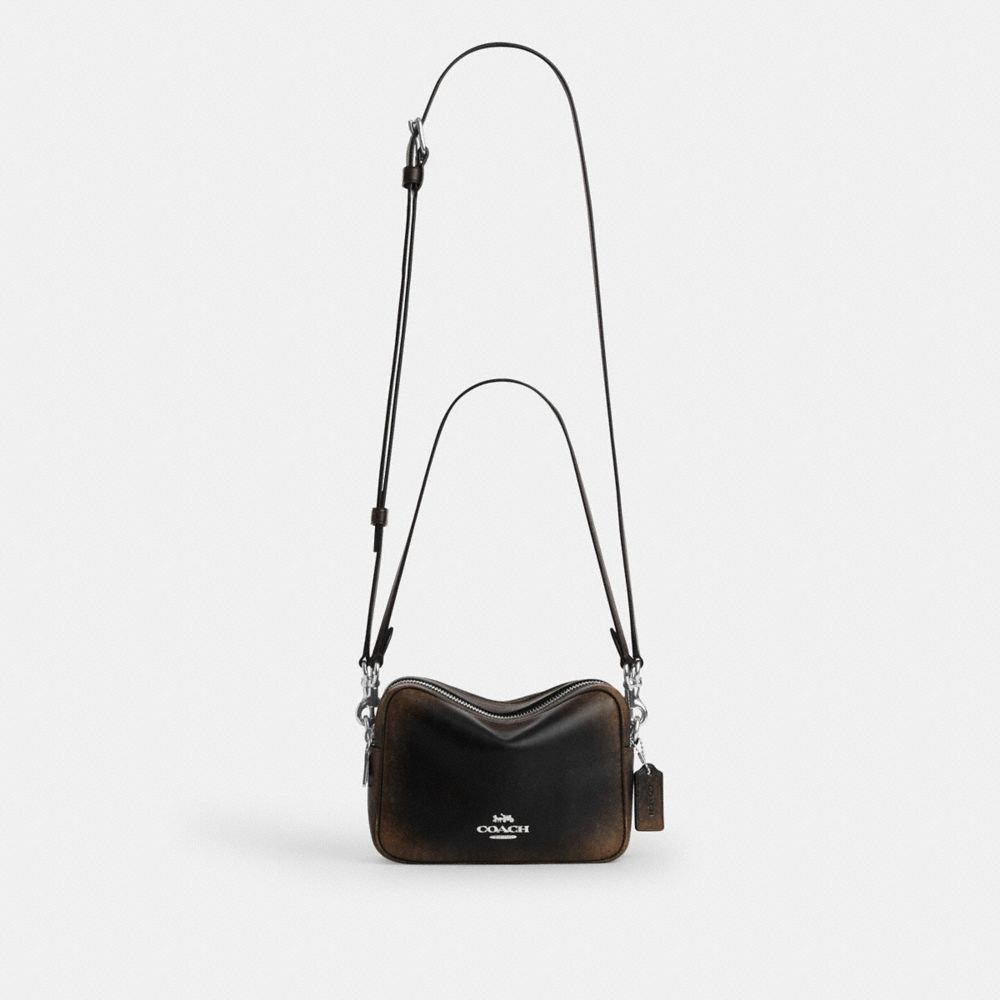 Coach Mini Carey Crossbody Bag In Loved Leather Silver/Black Brown