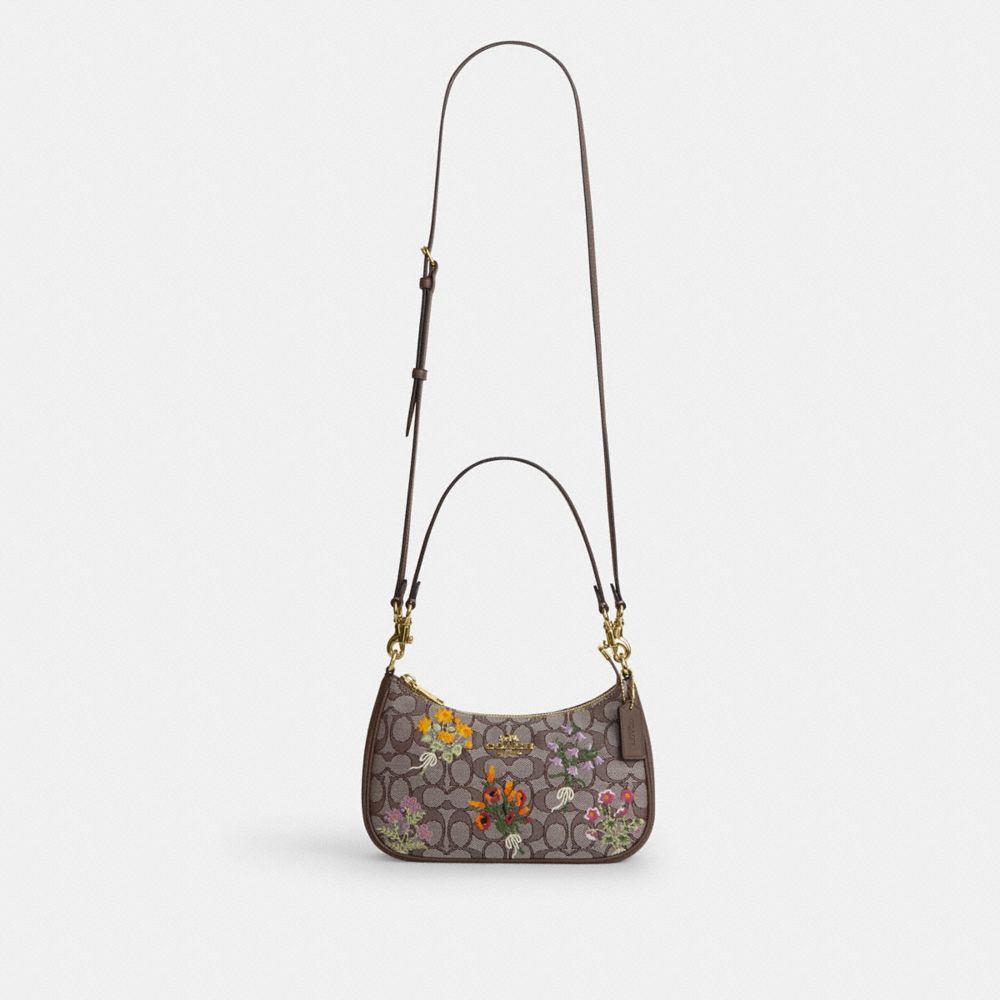 Coach Teri Shoulder Bag In Signature Jacquard With Floral Embroidery Gold Oak Multi