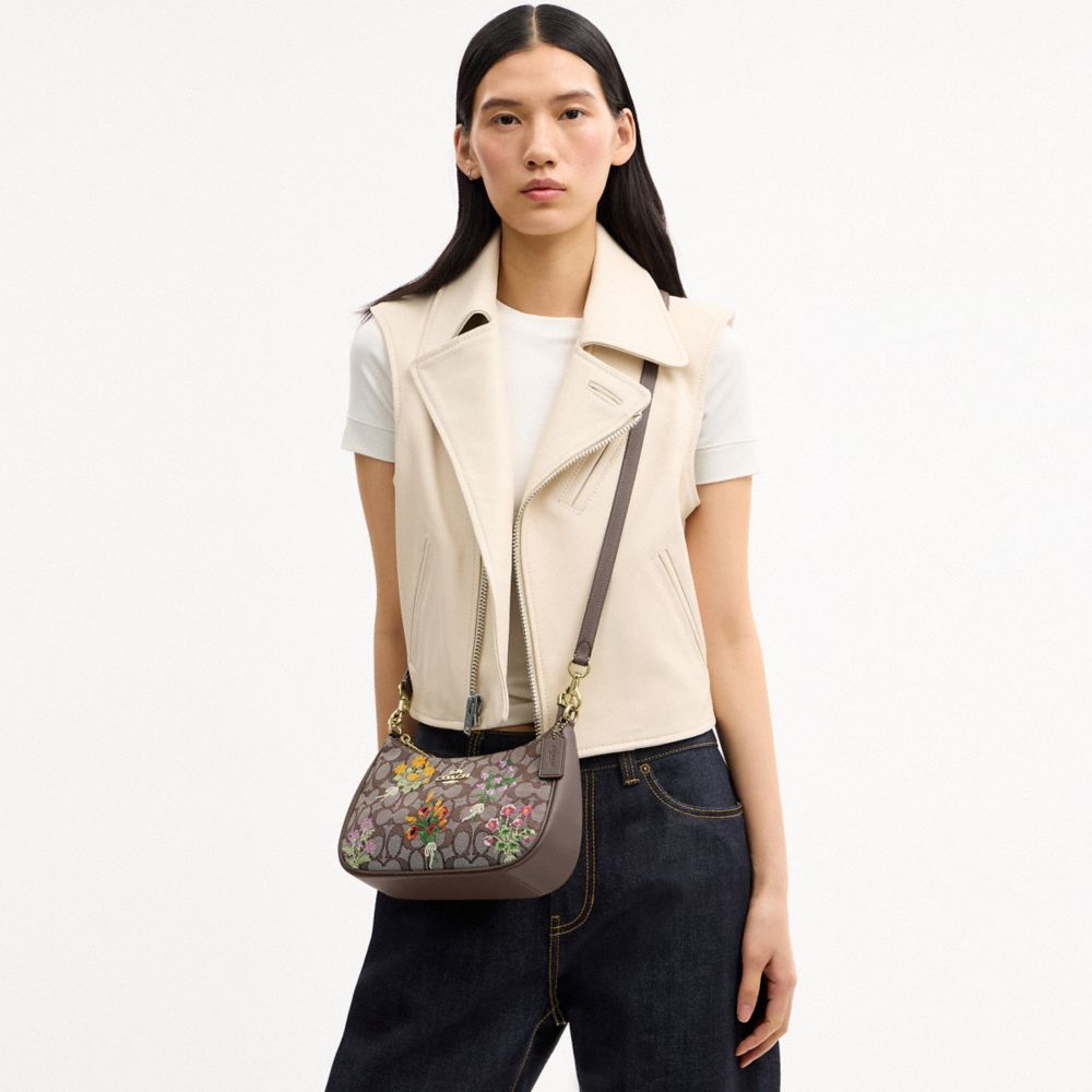 Coach Teri Shoulder Bag In Signature Jacquard With Floral Embroidery Gold Oak Multi