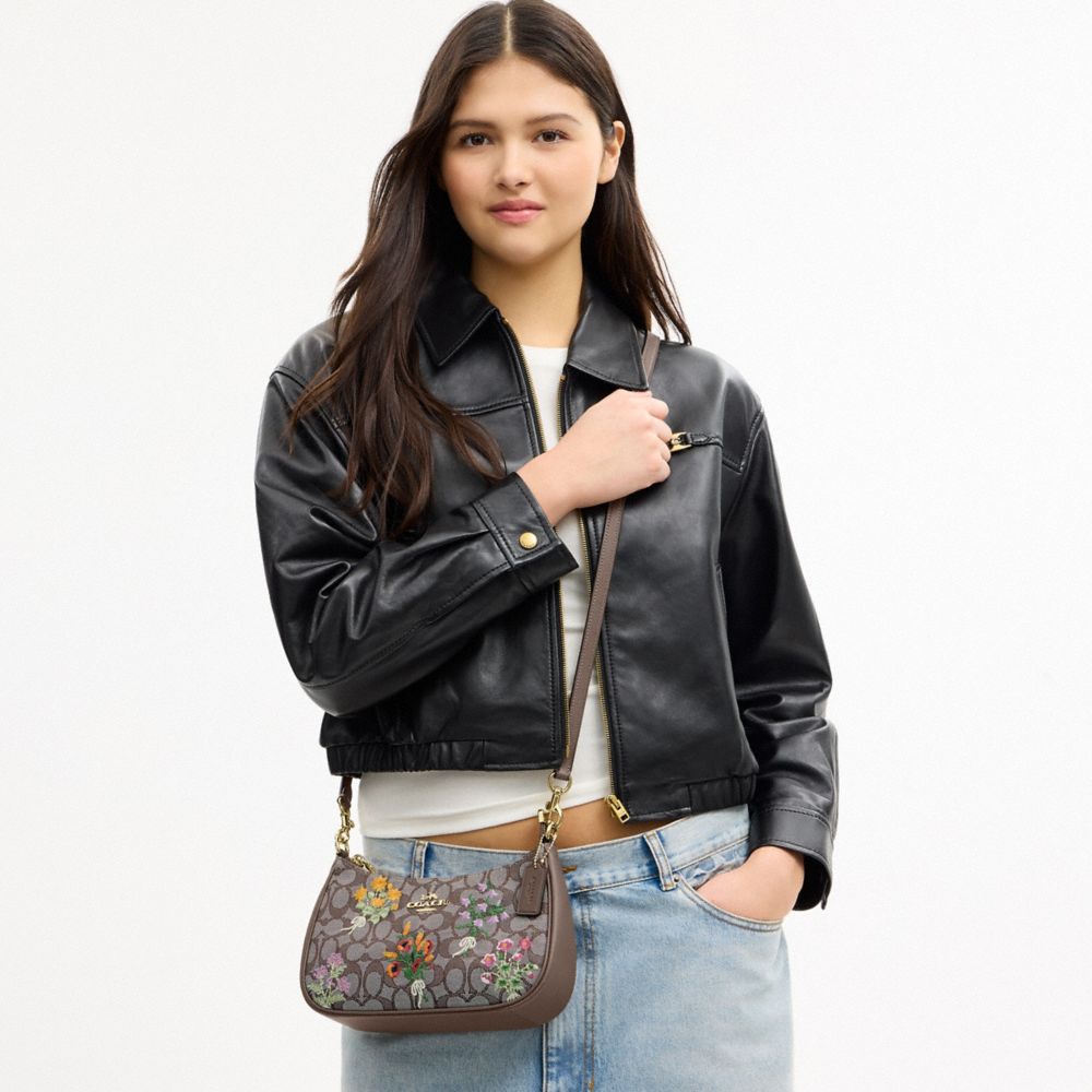 Coach Teri Shoulder Bag In Signature Jacquard With Floral Embroidery Gold Oak Multi