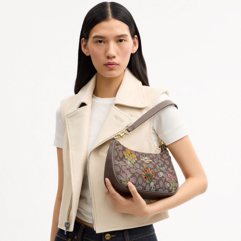 Coach Teri Shoulder Bag In Signature Jacquard With Floral Embroidery Gold Oak Multi