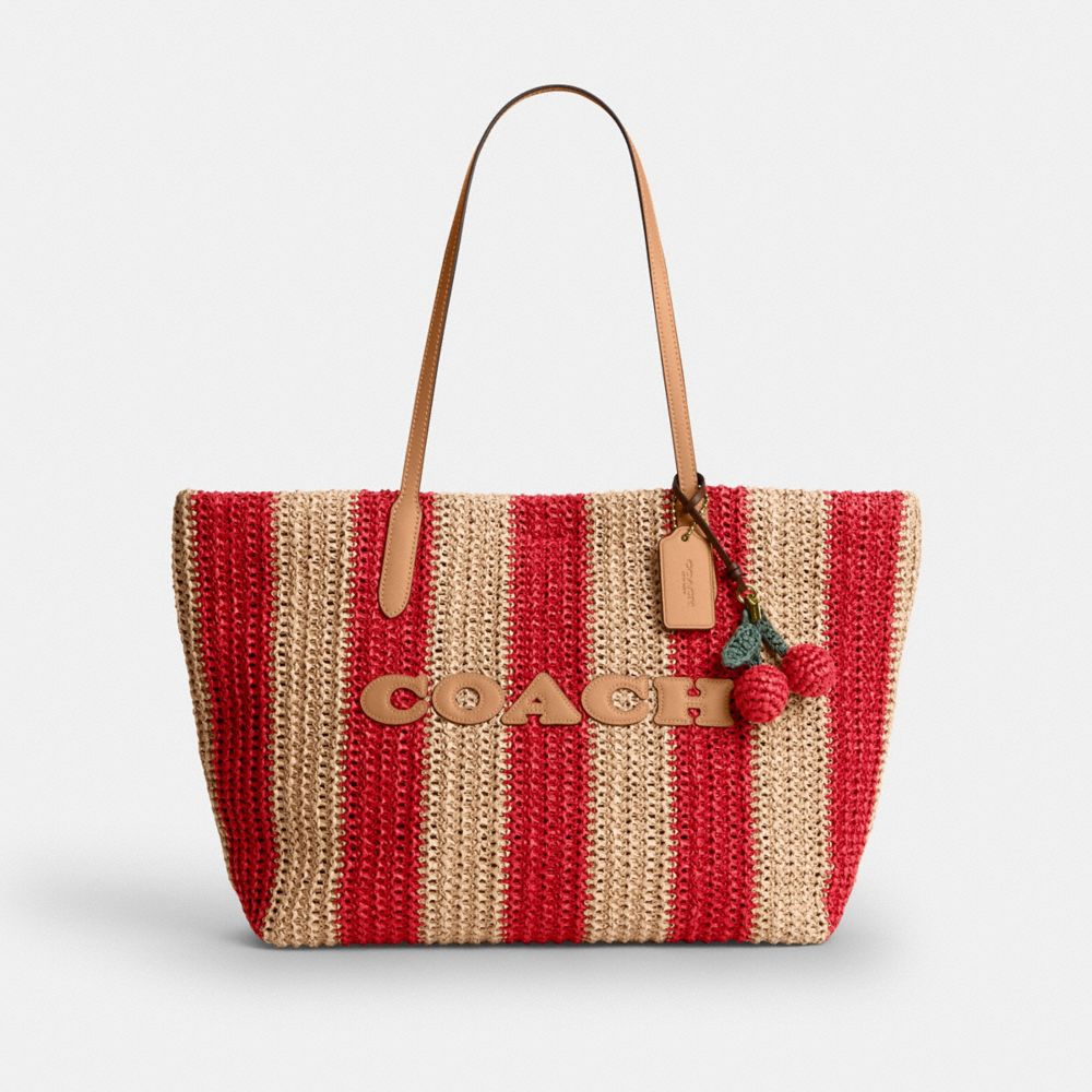 Coach City Tote Bag With Stripes And Charm Gold Red Tan