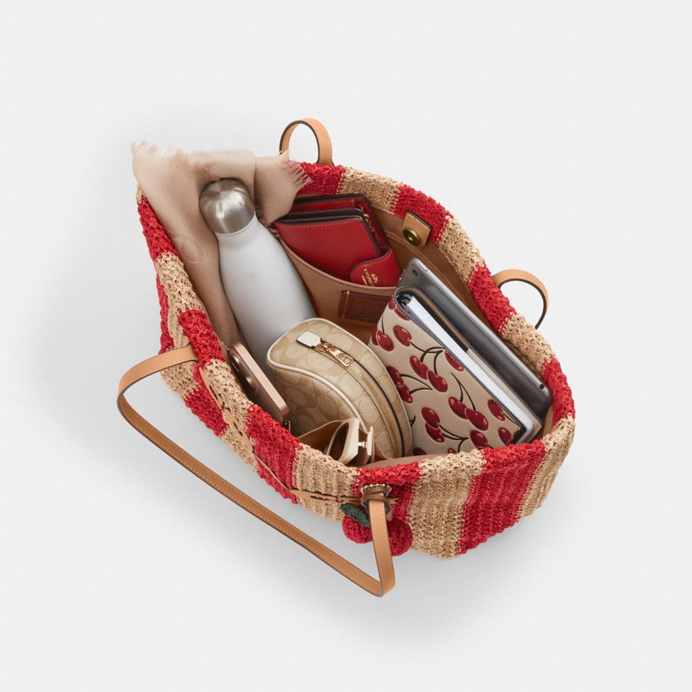 Coach City Tote Bag With Stripes And Charm Gold Red Tan