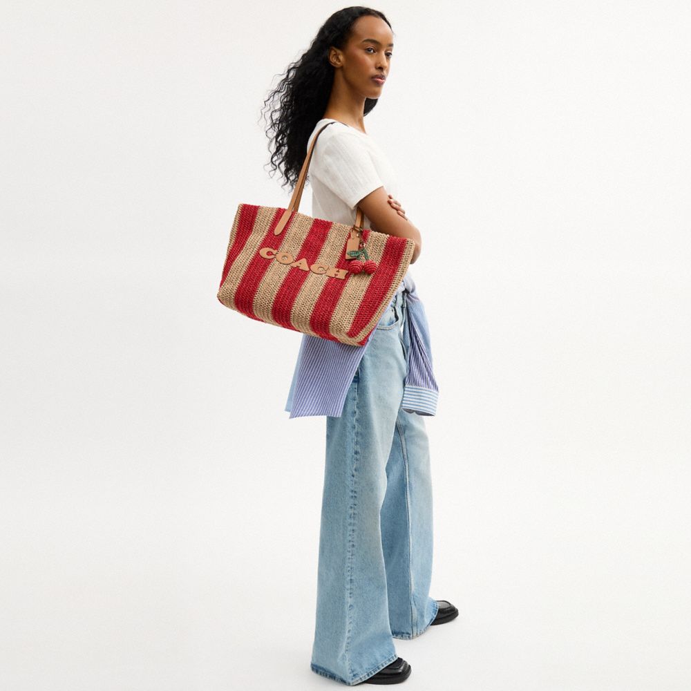 Coach City Tote Bag With Stripes And Charm Gold Red Tan