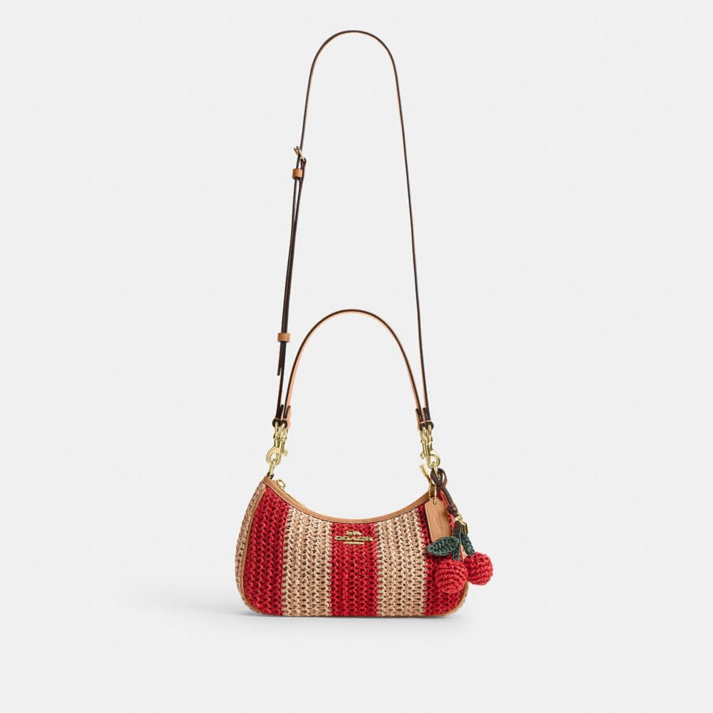Coach Teri Shoulder Bag With Stripes And Charm Gold Red Tan