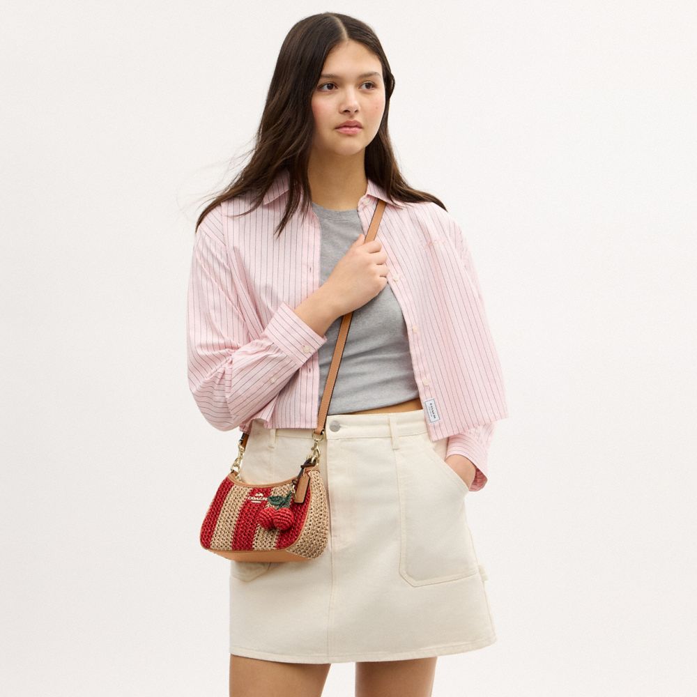 Coach Teri Shoulder Bag With Stripes And Charm Gold Red Tan