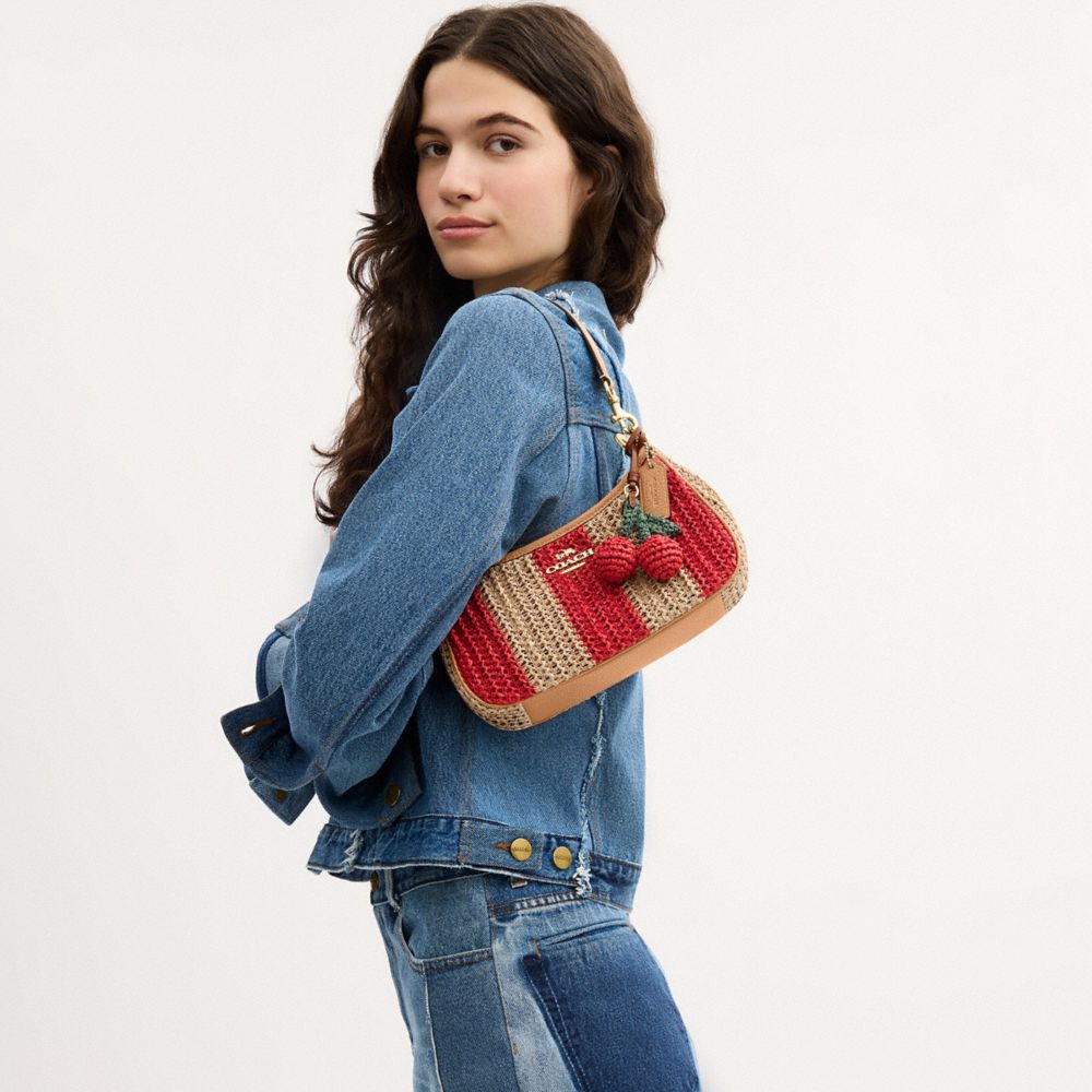 Coach Teri Shoulder Bag With Stripes And Charm Gold Red Tan