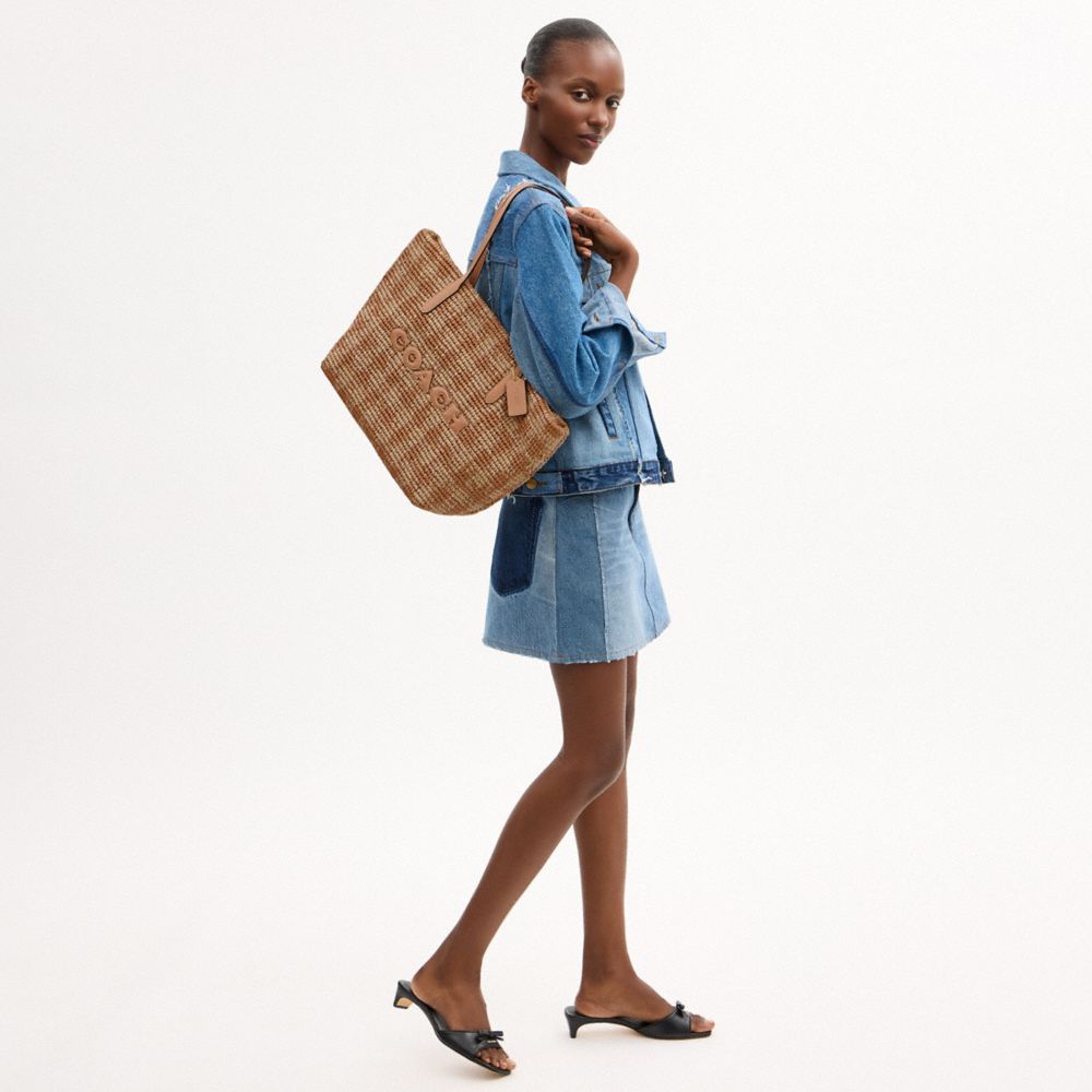 Coach City Tote Bag With Gingham Print Gold Tan