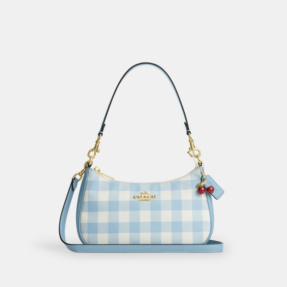 Coach Teri Shoulder Bag With Gingham Print And Charm Gold Blue Multi