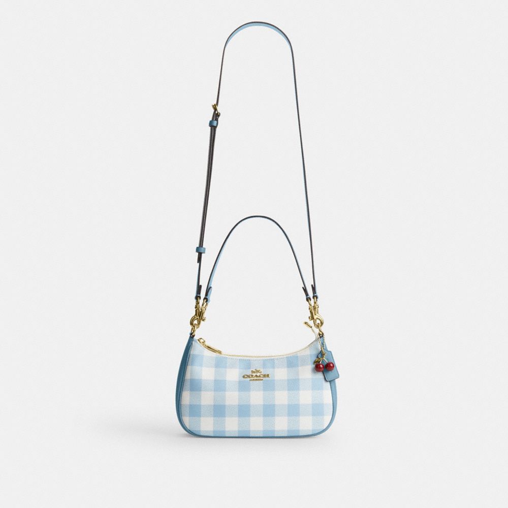 Coach Teri Shoulder Bag With Gingham Print And Charm Gold Blue Multi