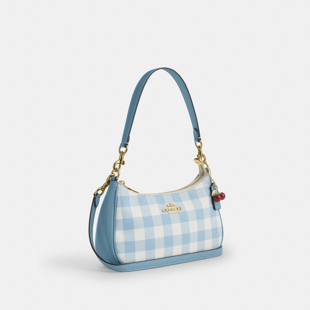 Coach Teri Shoulder Bag With Gingham Print And Charm Gold Blue Multi
