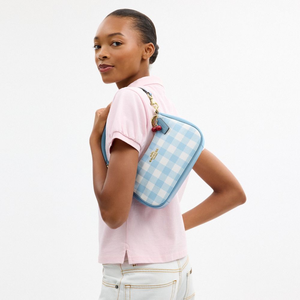 Coach Teri Shoulder Bag With Gingham Print And Charm Gold Blue Multi