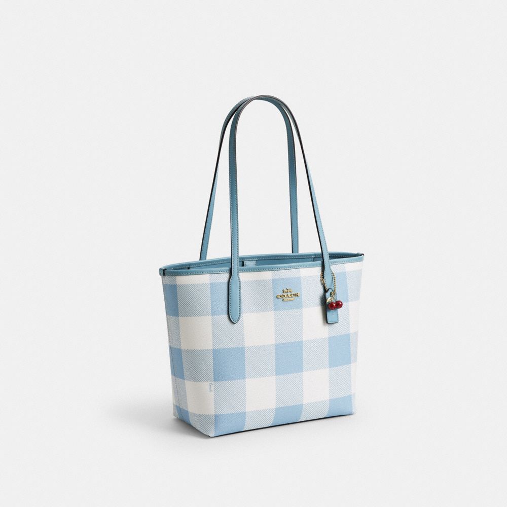 Coach Medium City Tote Bag With Gingham Print And Charm Gold Blue Multi