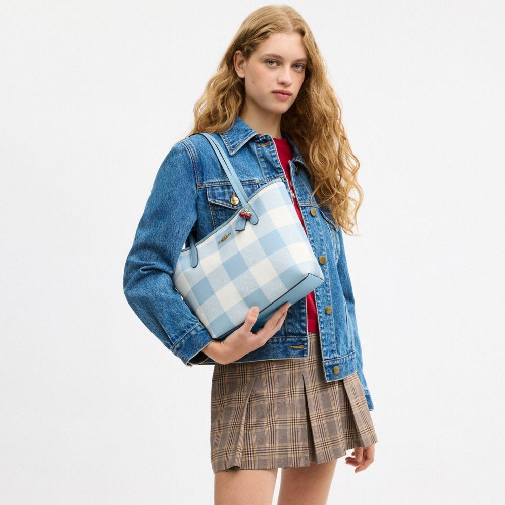Coach Medium City Tote Bag With Gingham Print And Charm Gold Blue Multi