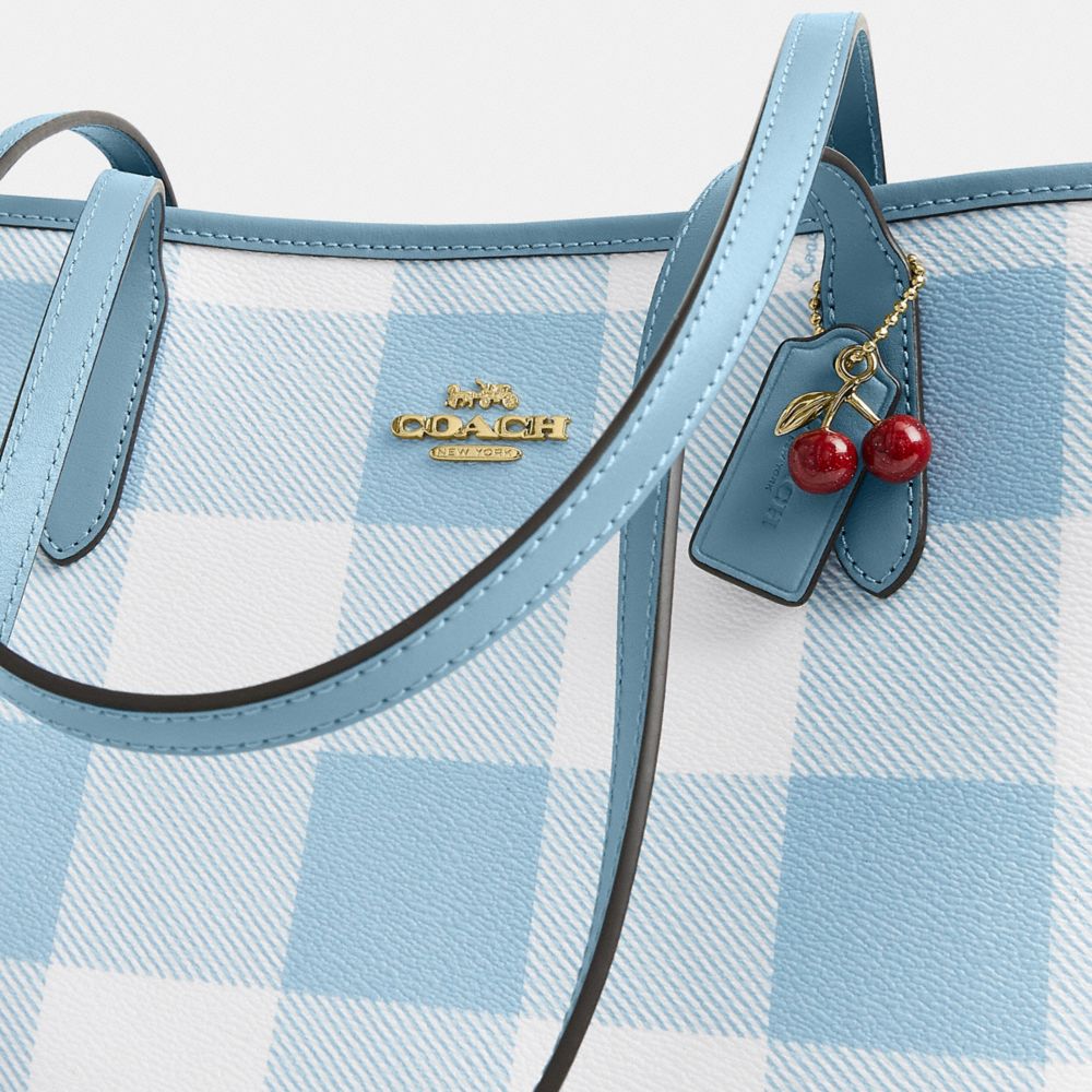 Coach Medium City Tote Bag With Gingham Print And Charm Gold Blue Multi
