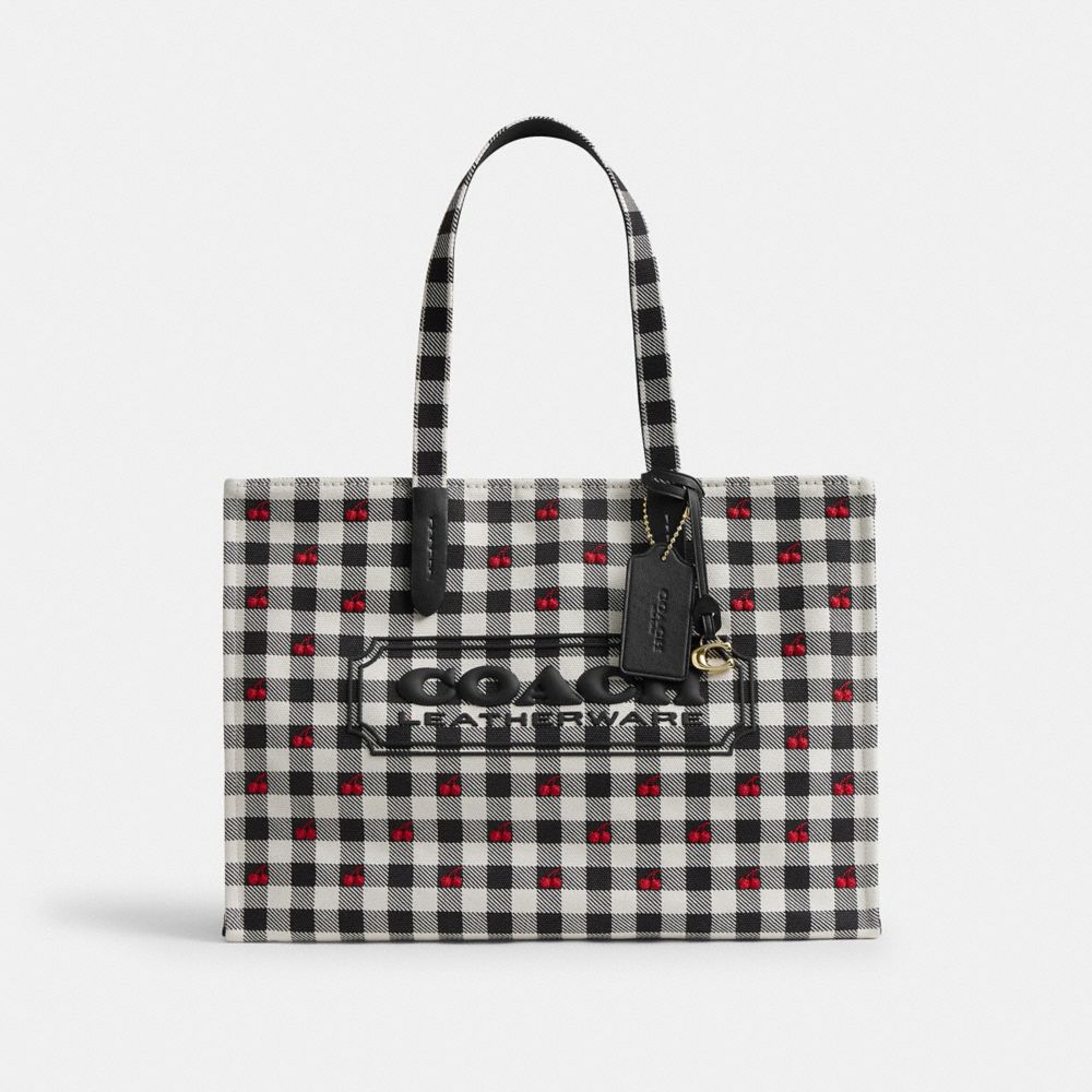 Coach Tote Bag With Gingham Print Gold Black Multi