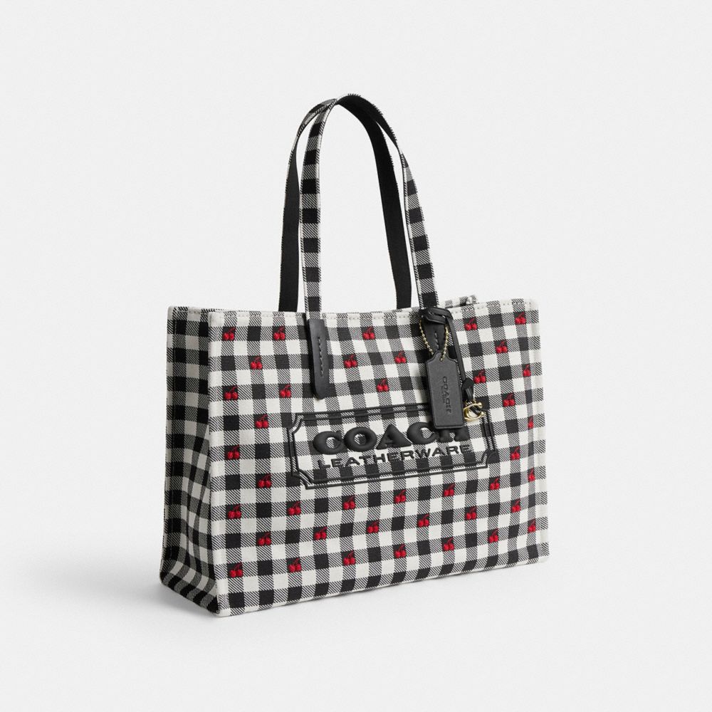 Coach Tote Bag With Gingham Print Gold Black Multi
