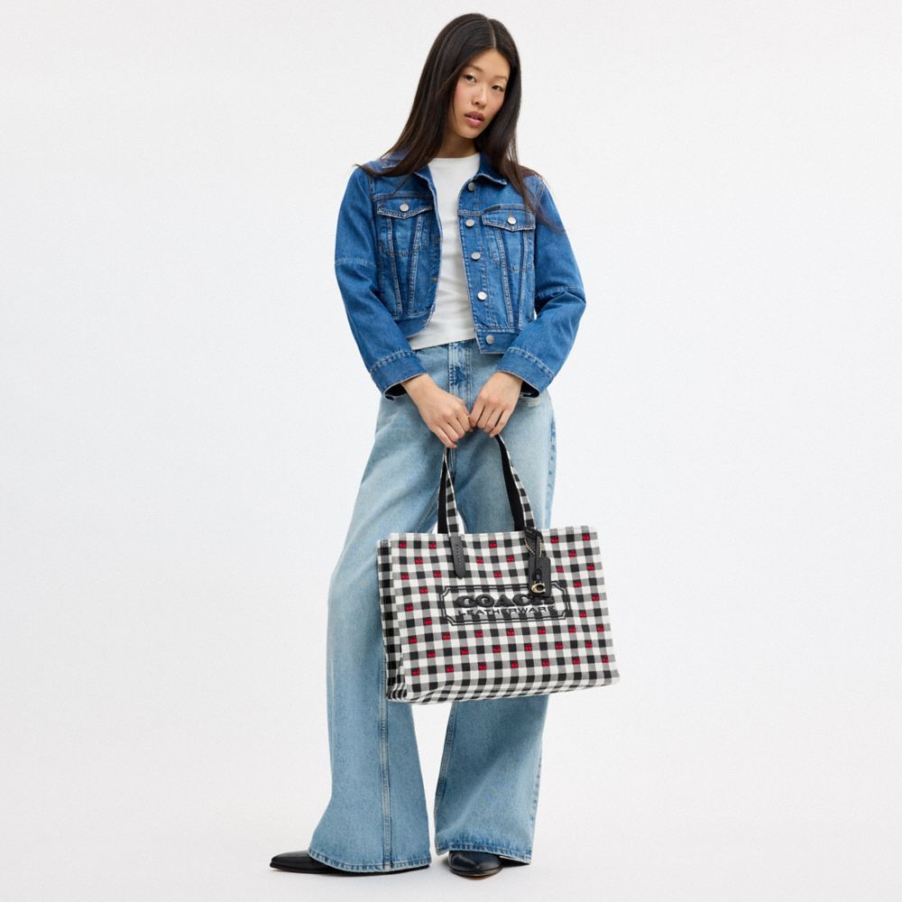 Coach Tote Bag With Gingham Print Gold Black Multi