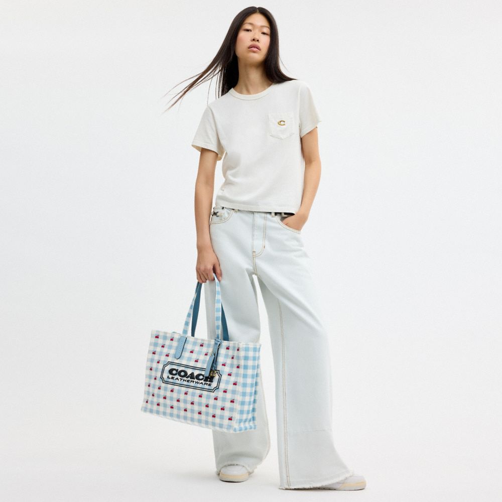 Coach Tote Bag With Gingham Print Gold Blue Multi