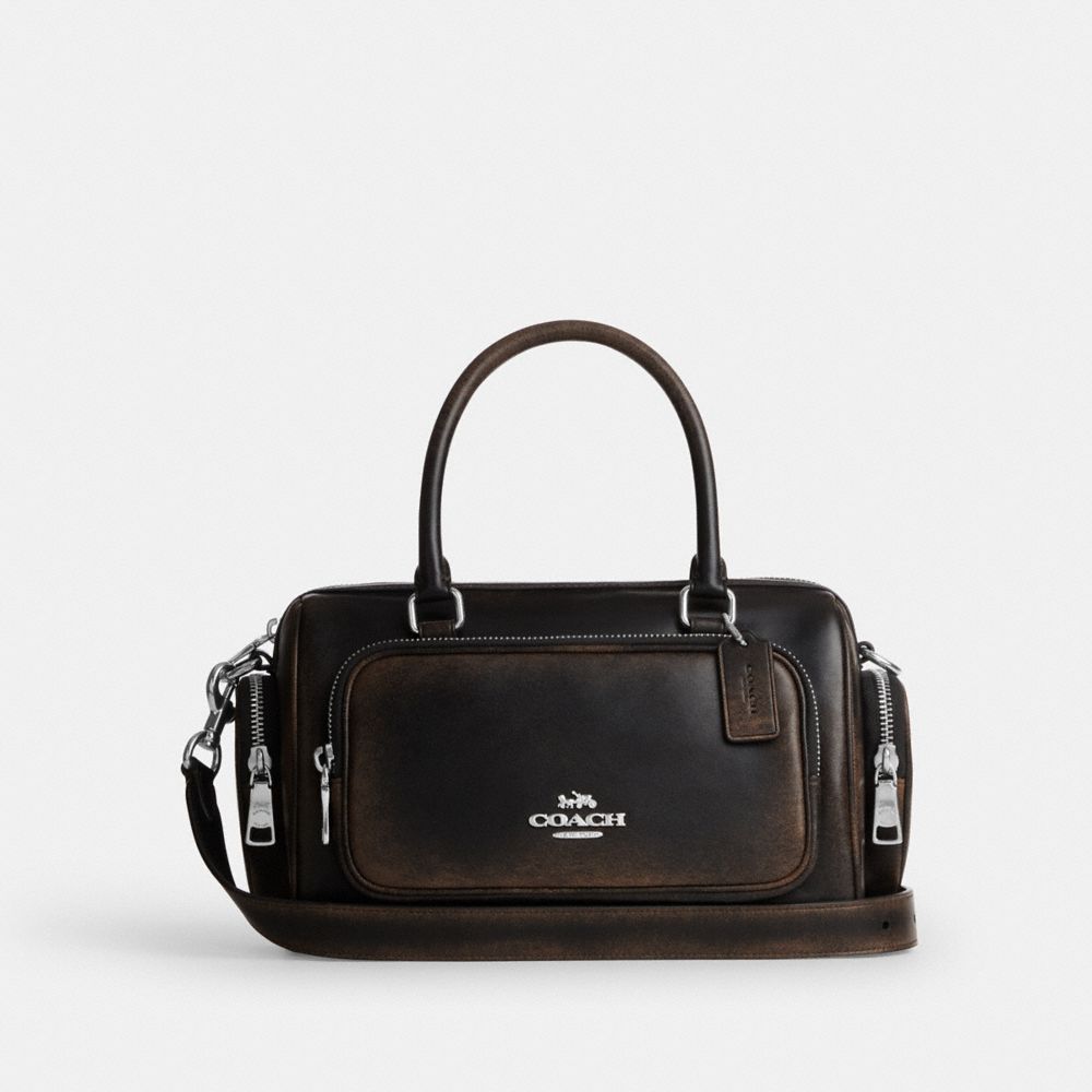 Coach Rowan Satchel Bag With Pockets In Loved Leather Silver/Black Brown