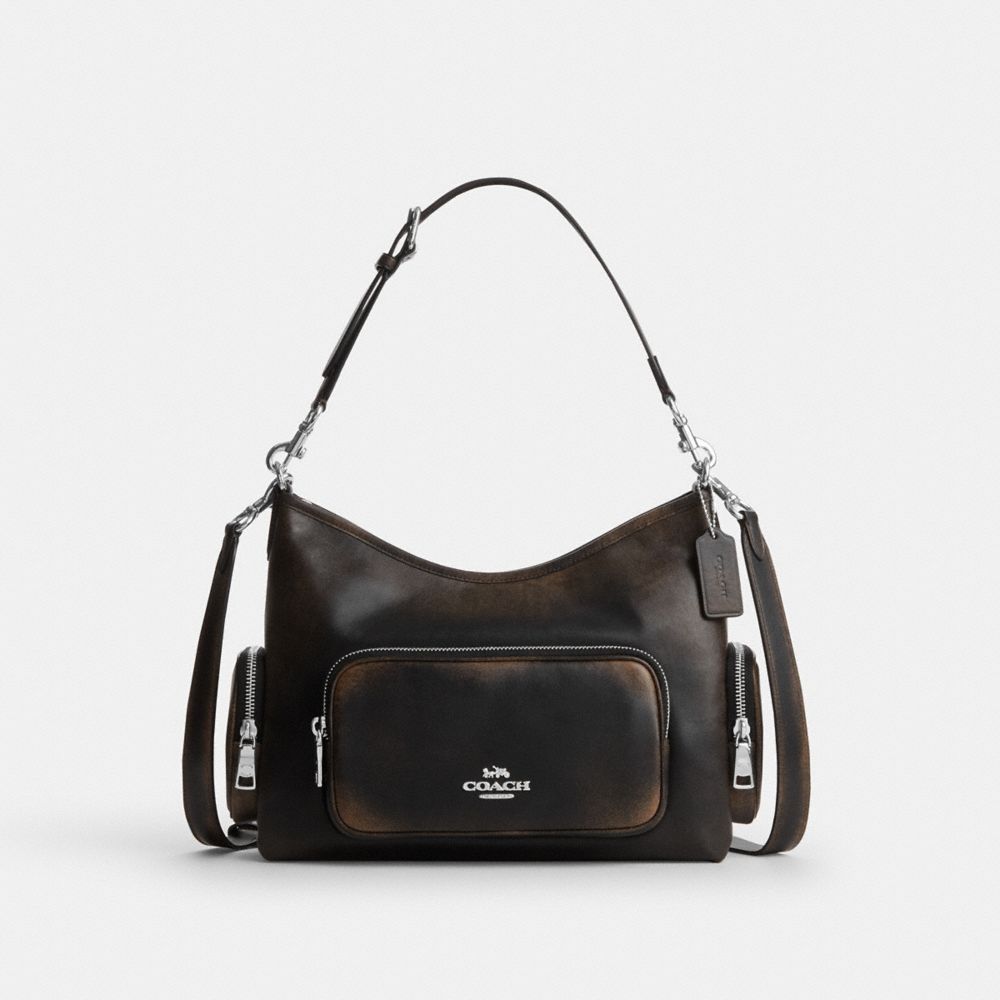 Coach Laurel Shoulder Bag With Pockets In Loved Leather Silver/Black Brown