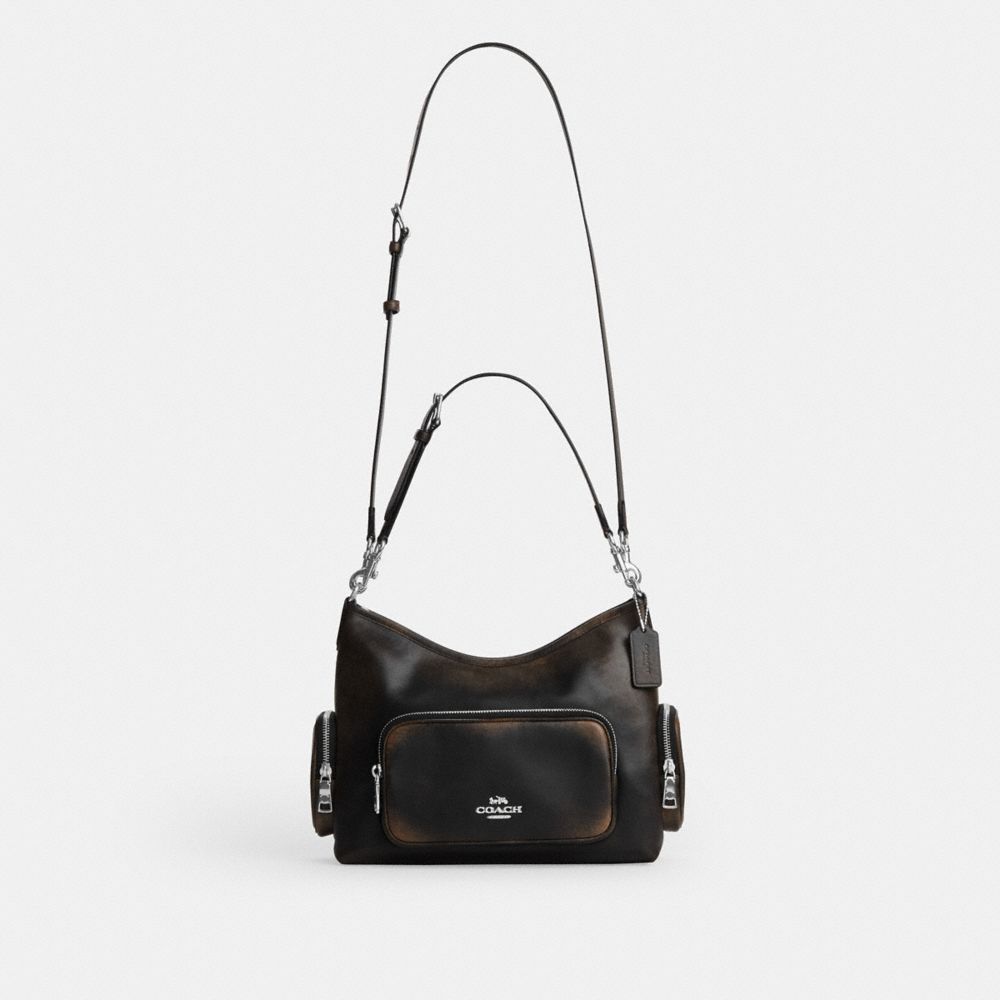 Coach Laurel Shoulder Bag With Pockets In Loved Leather Silver/Black Brown