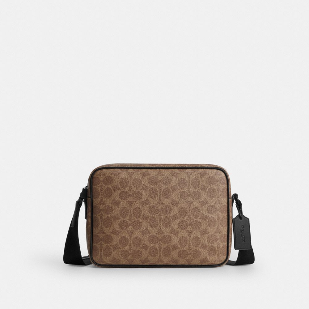 Coach Colton Crossbody Bag 25 In Signature Canvas Matte Black Tan Black
