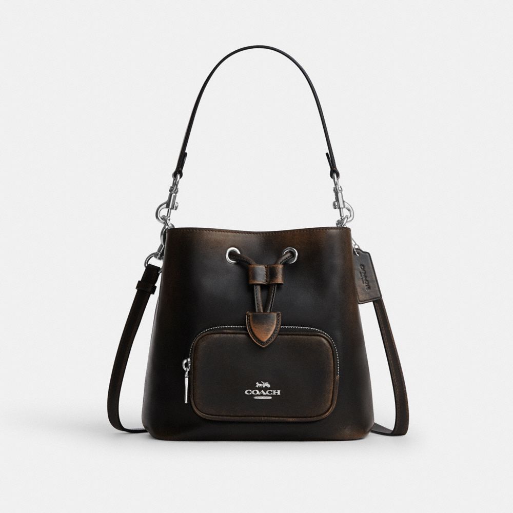Coach Rowan Bucket Bag With Pocket In Loved Leather Silver/Black Brown