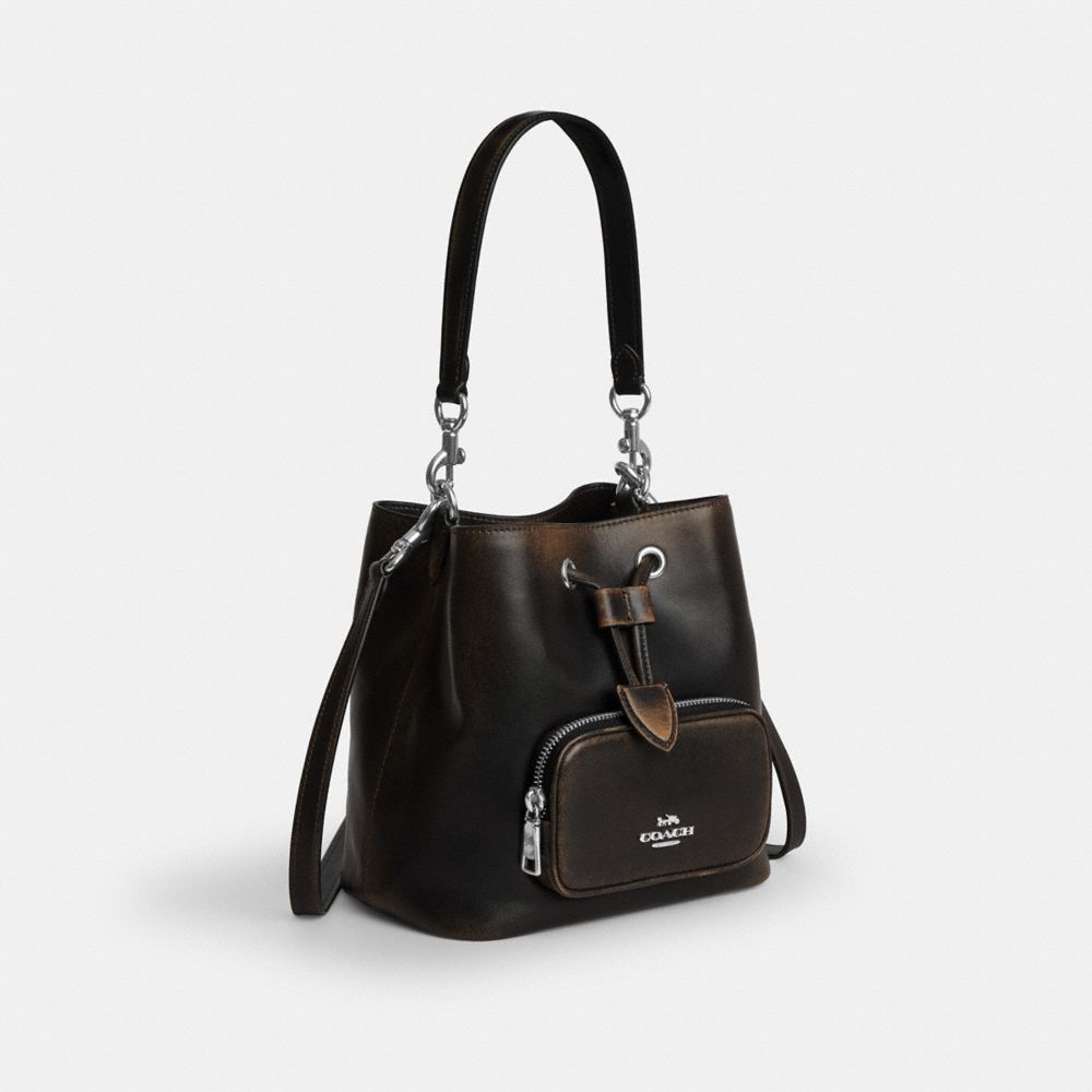 Coach Rowan Bucket Bag With Pocket In Loved Leather Silver/Black Brown