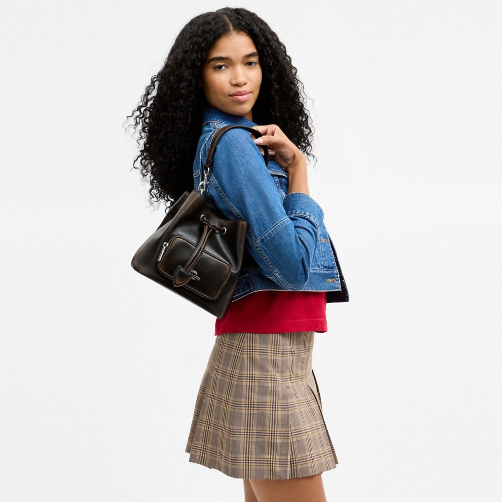 Coach Rowan Bucket Bag With Pocket In Loved Leather Silver/Black Brown